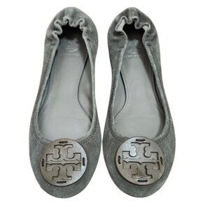 Tory Burch Reva Ballet Flats Gray Suede Leather Logo Medallion Size 9M